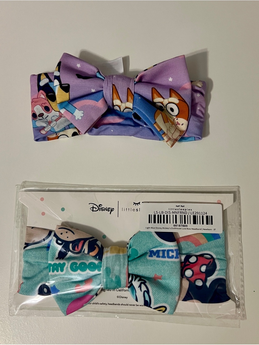 LITTLE SLEEPIES Mickey’s Clubhouse & Bluey Sleepytime Luxe Bow Headband (set)